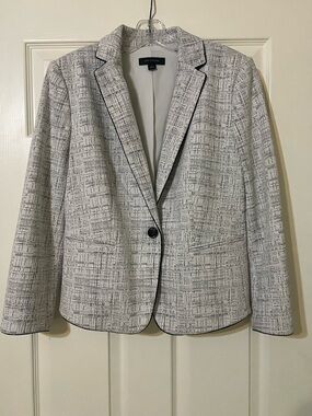 Ann Taylor White Textured Tweed Blazer with Black Trim